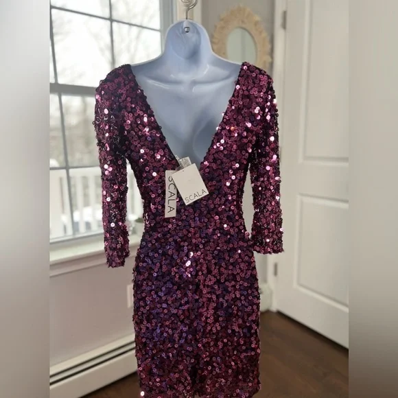 Nwt Scala Plum Pink Sequins Mesh Stretchy Bodycon Dress Size 4 - Picture 10 of 17